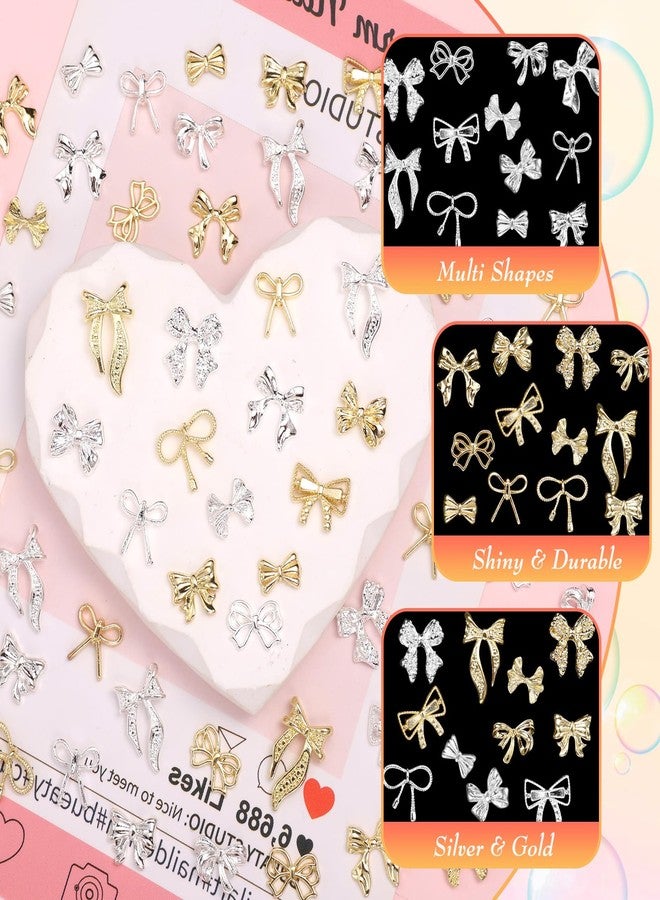 CESUSME 120 Pcs Gold Silver Bow Nail Charms, Alloy Bowknots Nail Charm, Metal Silver Gold Bow Nail Gems and Charms for Nail Art DIY Craft Accessories - Image 5